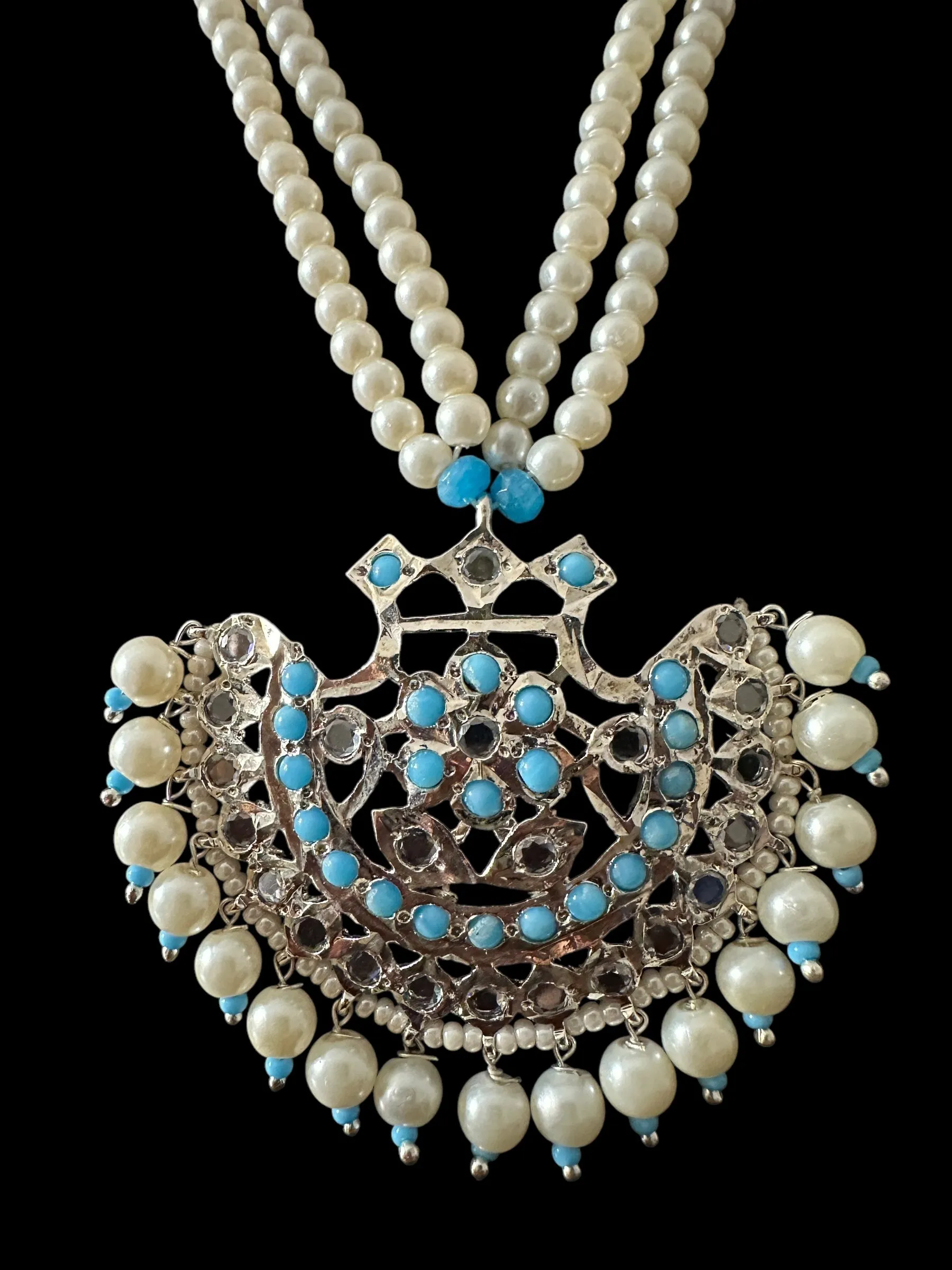 Turquoise / feroza hyderabadi silver plated pendant set with pearls ( READY TO SHIP  )