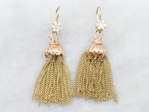 Two Tone Tassel Dangle Drop Earrings with Diamond Cluster Accent