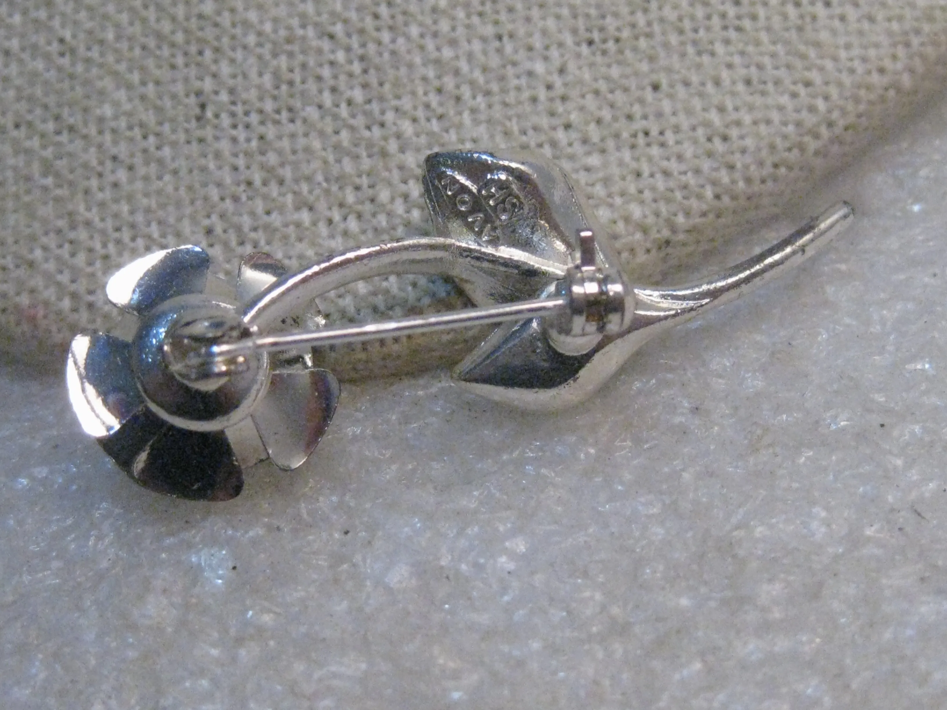 Vintage Avon Rhinestone Rose Brooch, Enameled Leaves, signed Avon SH, Silver Tone