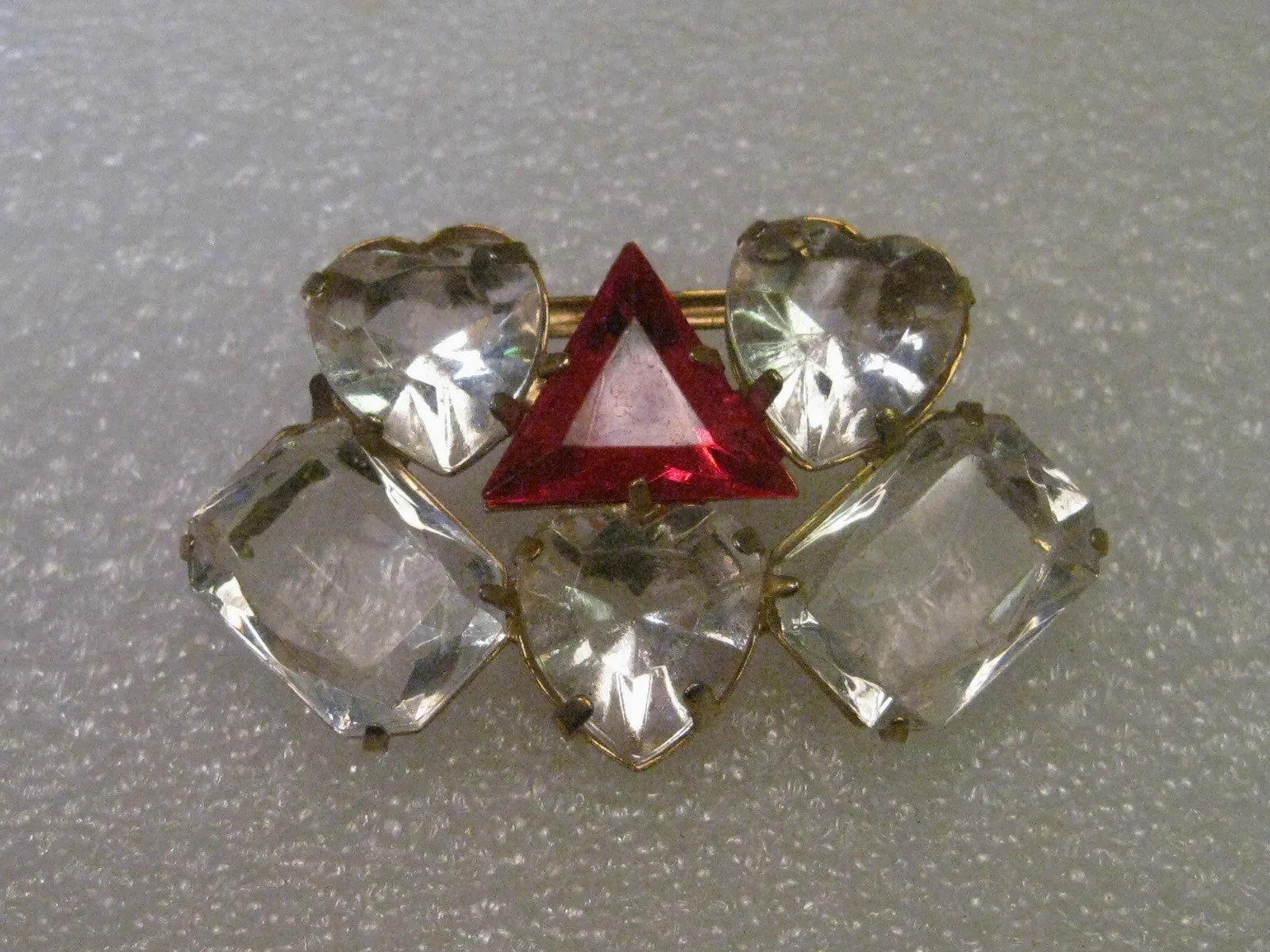 Vintage Brooch, Clear & Red Heart, Triangular/Rectangular  Stones - 1980's.  Gold tone