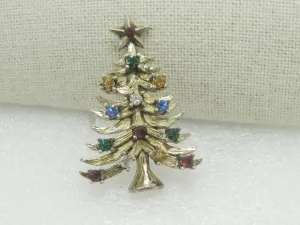 Vintage Eisenberg Ice Christmas Tree Brooch, Colored Rhinestones, 2", Gold Tone