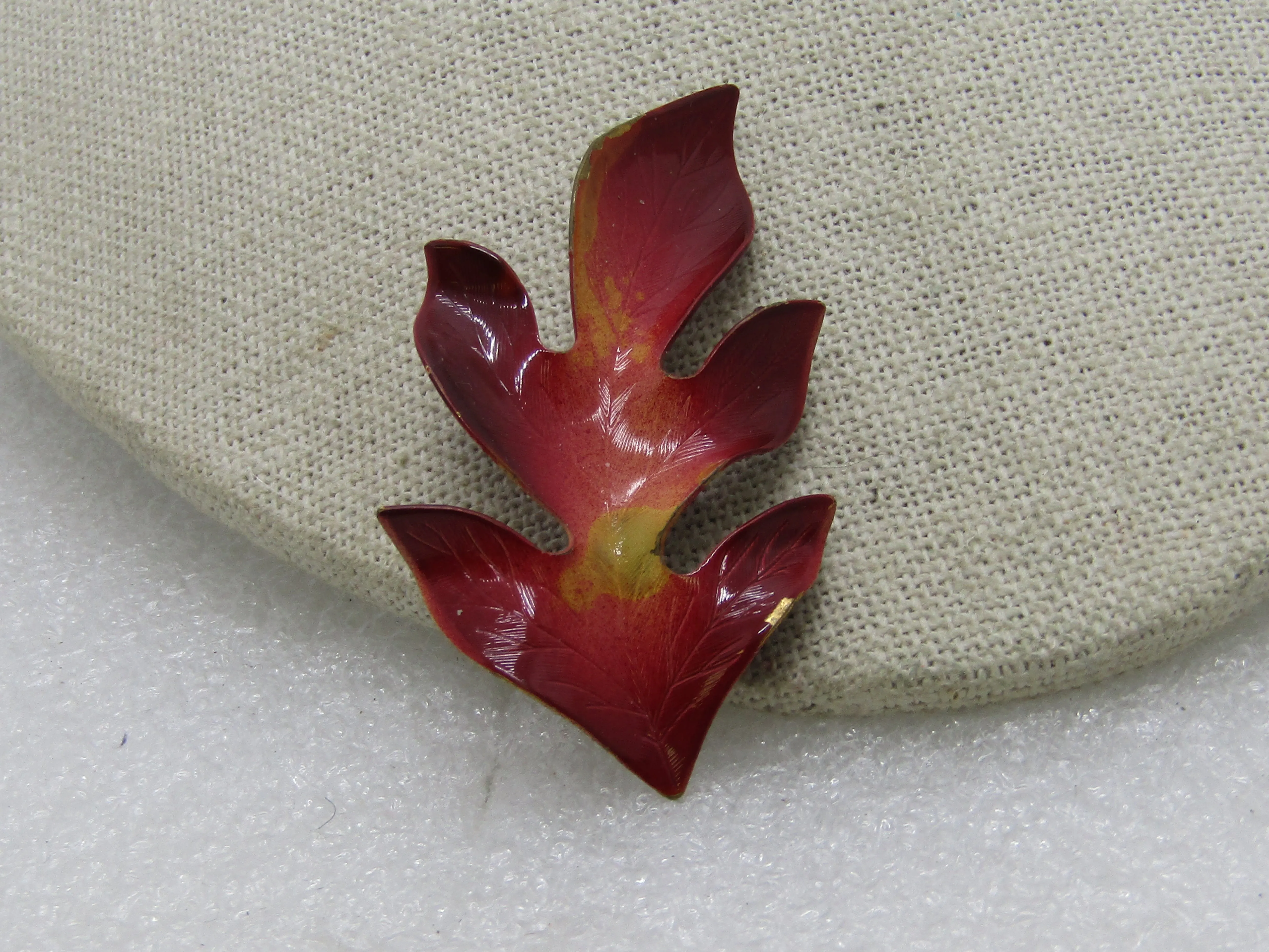 Vintage Enamel Oak Leaf Brooch, 1960's, 2.5", Reds and Gold