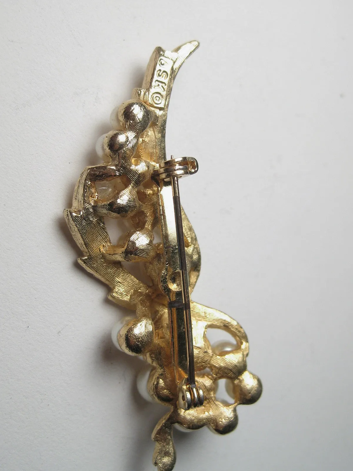 Vintage Gold Tone & Faux Pearl BSK Brooch, Rhinestone Accent, 2.5"