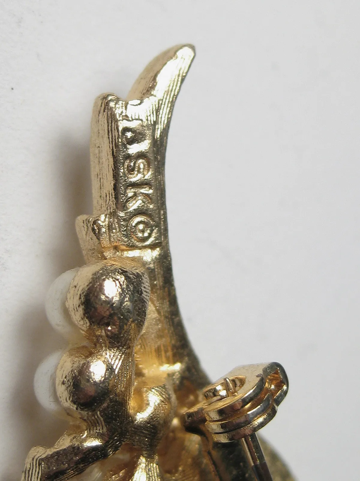 Vintage Gold Tone & Faux Pearl BSK Brooch, Rhinestone Accent, 2.5"