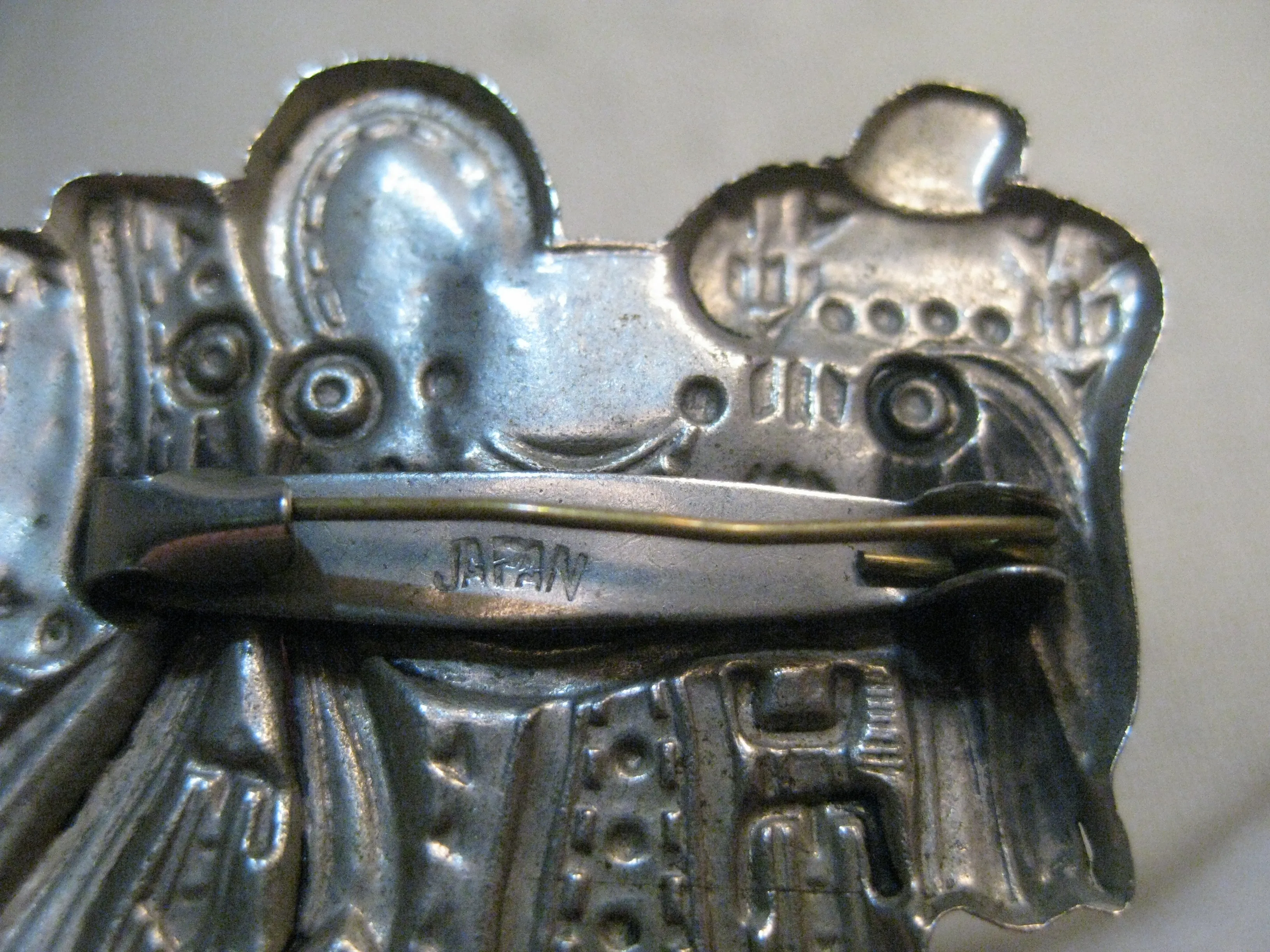 Vintage Silver Tone Saddle Brooch, Pressed Metal, Japan, 1950's/1960's, 2"
